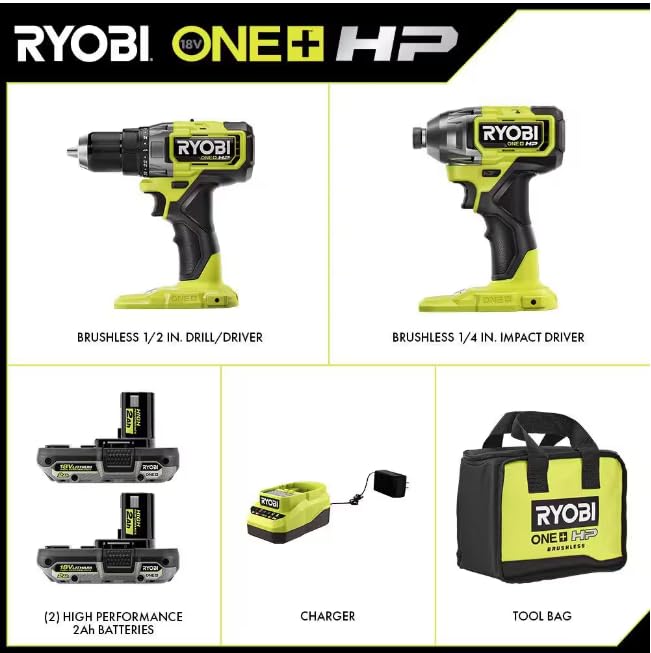 18V Brushless Cordless 2-Tool Combo Kit with 2.0 AH Batteries and Charger E13914