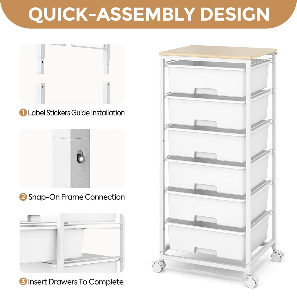 6 Drawer Rolling Storage Cart with Wooden Top and Wheels I3270