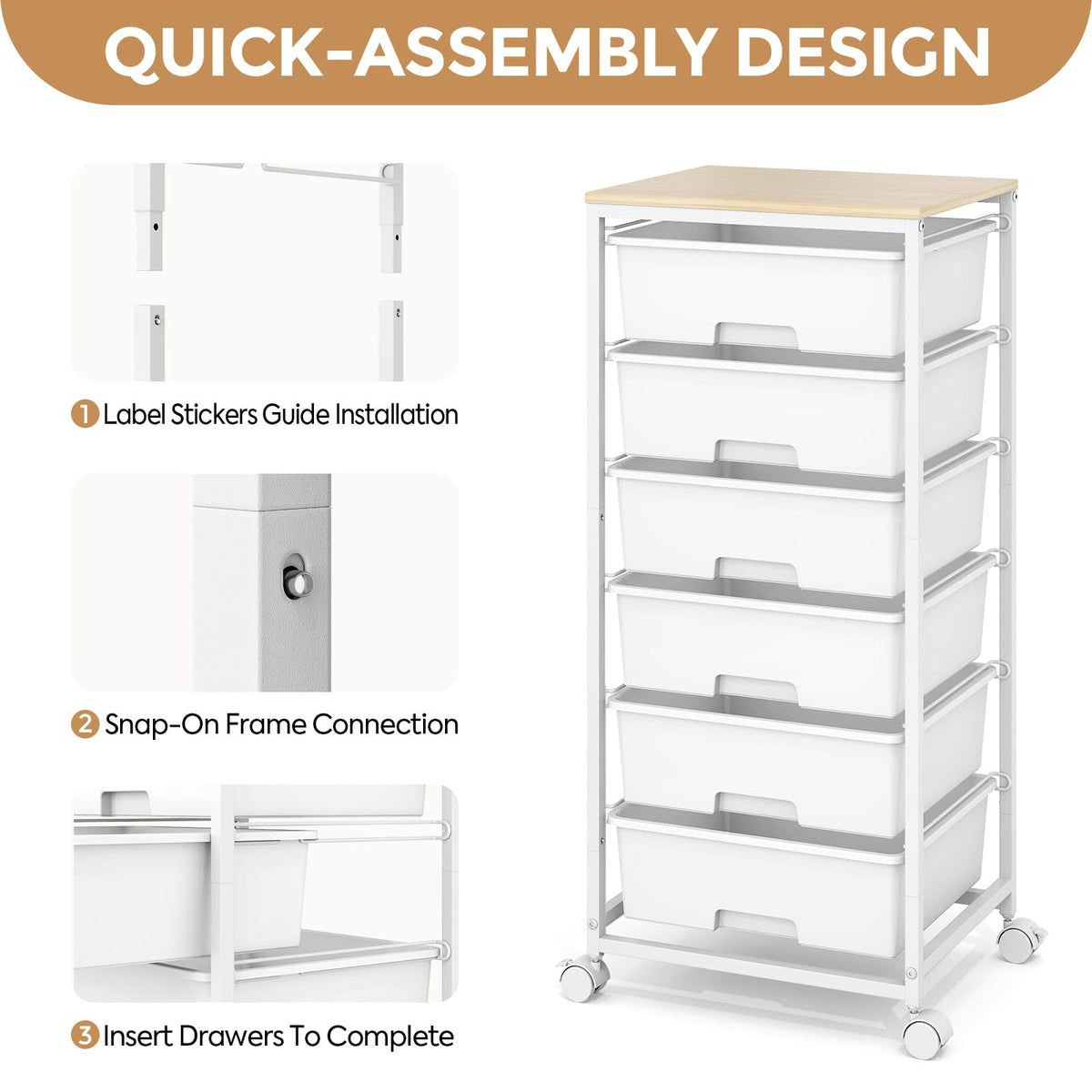 6 Drawer Rolling Storage Cart with Wooden Top and Wheels I3270