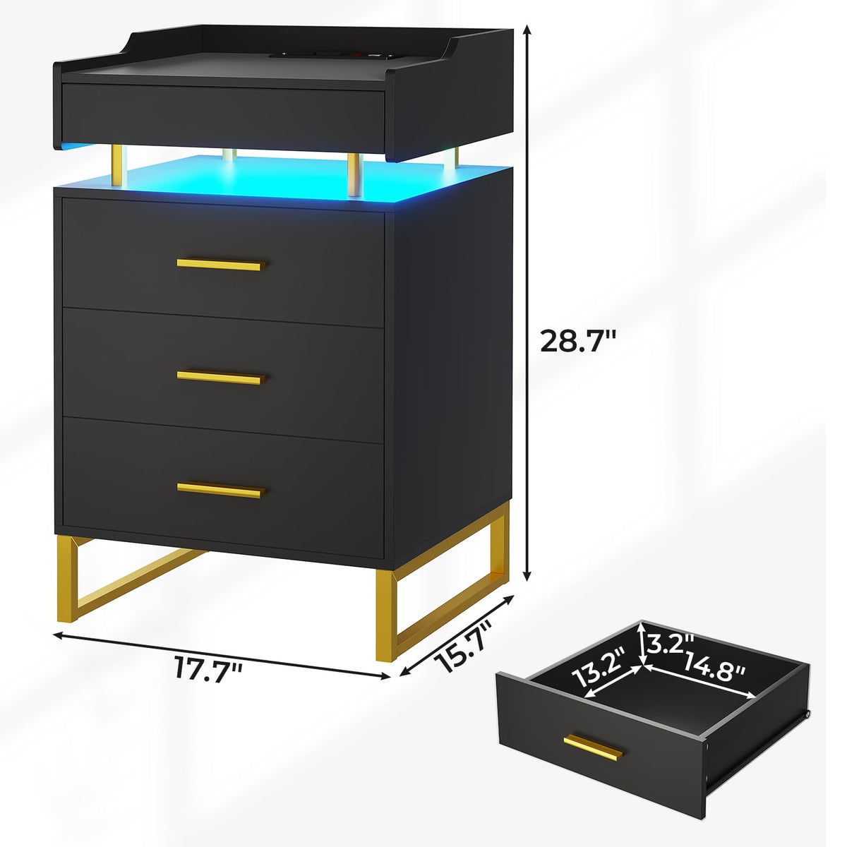 Black and Gold LED Nightstand with Charging Station H734