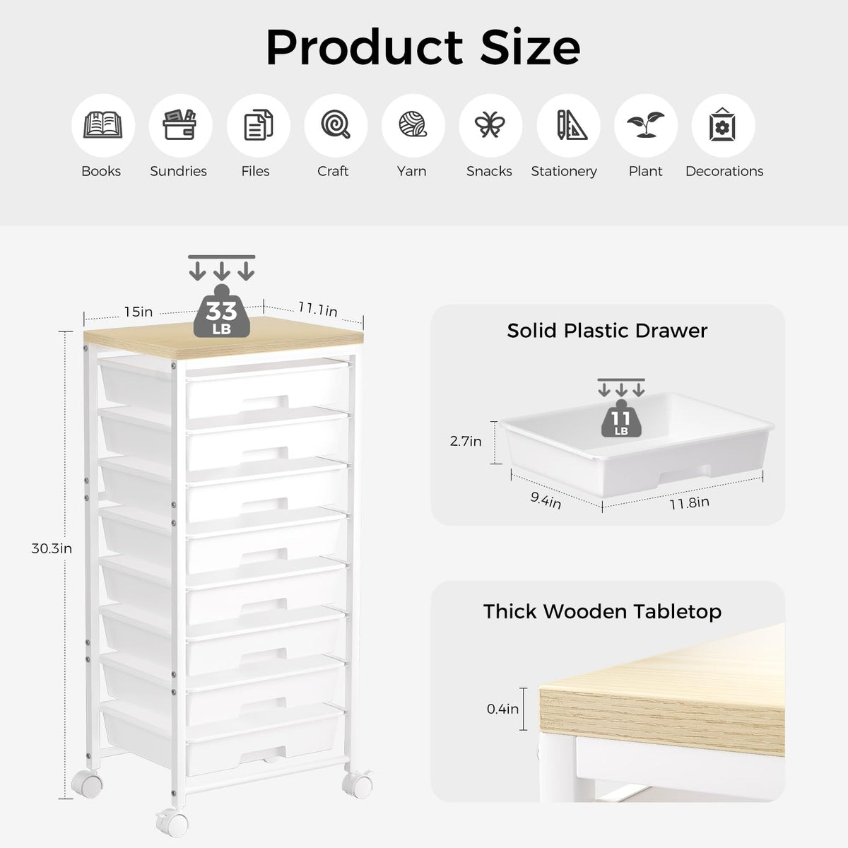 White 8 Drawer Rolling Storage Cart with Wooden Tabletop I54525