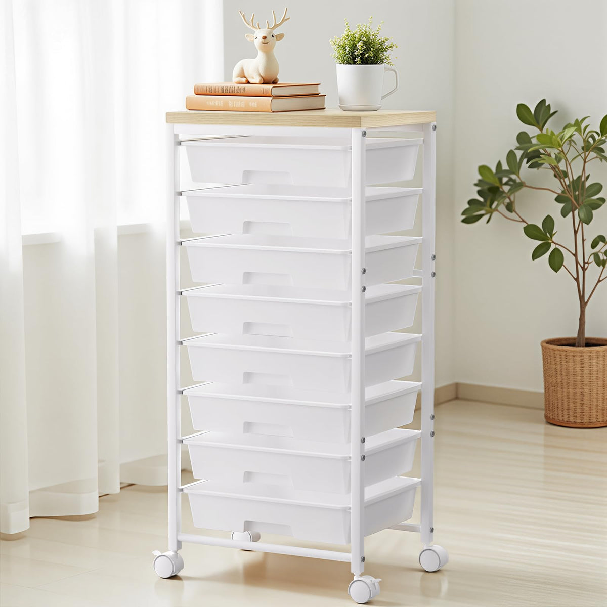 White 8 Drawer Rolling Storage Cart with Wooden Tabletop I54525