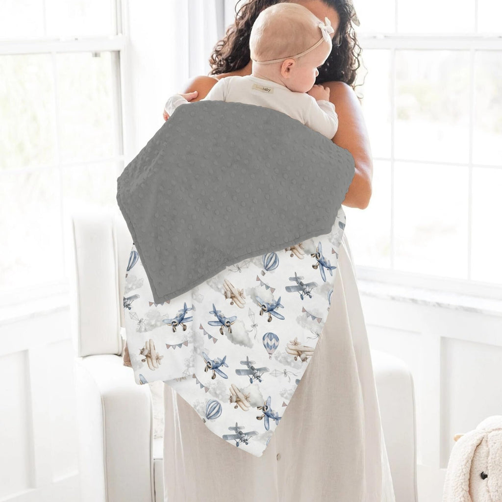 Vintage Planes Helicopters Hot Air Balloon Soft Mink Dotted Backing Double Layer Baby Blanket 30x40 R110845