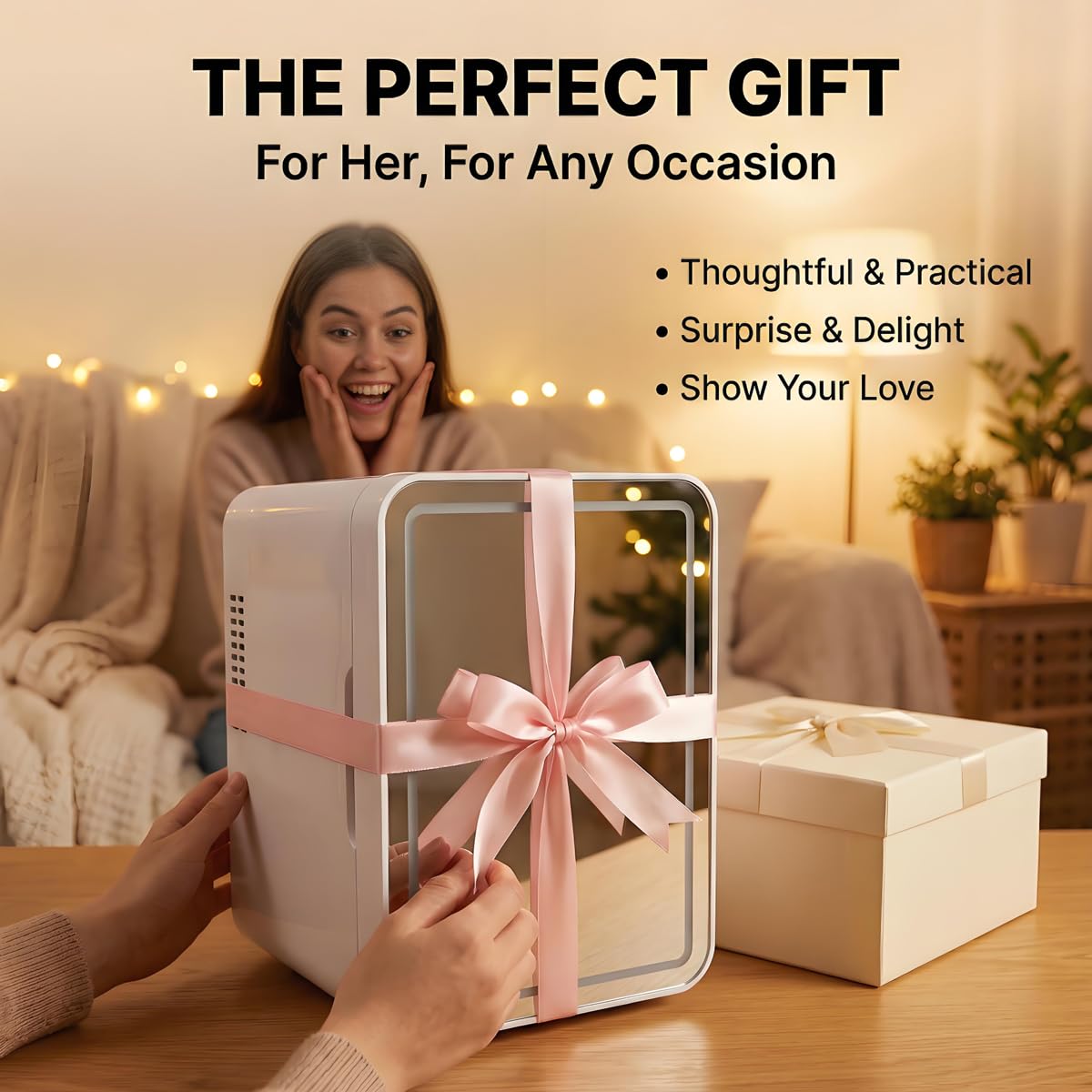 4L Portable Mini Skincare Refrigerator with Dimmable LED Mirror W90674