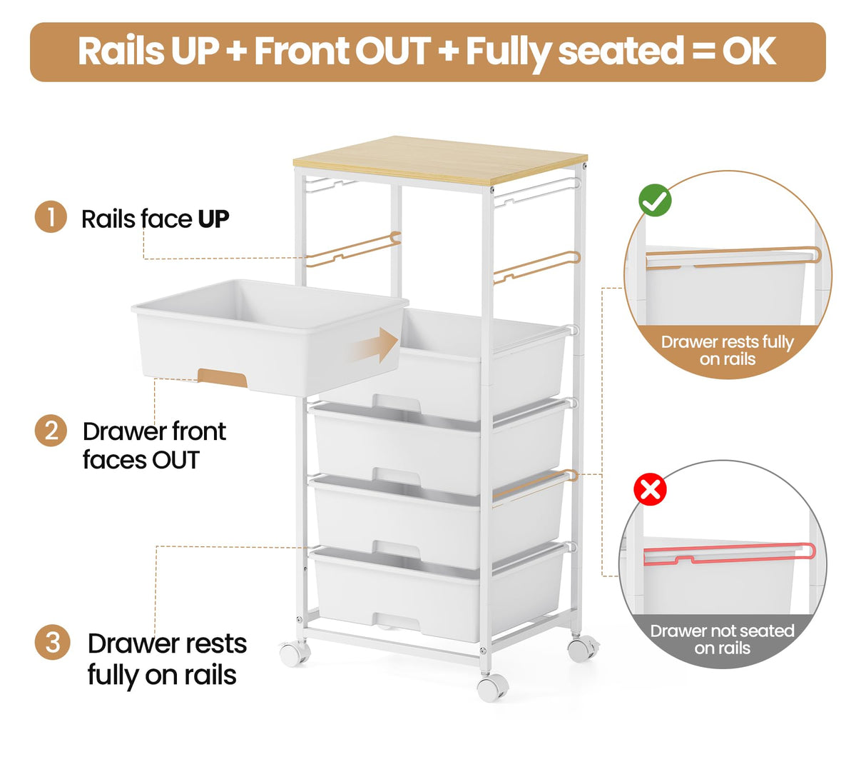 6 Drawer Rolling Storage Cart with Wooden Top and Wheels I3270