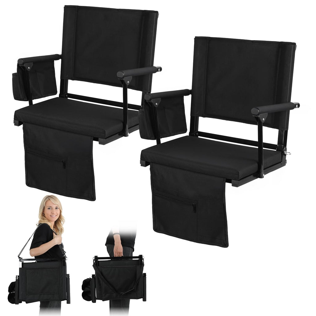 2 Pcs Folding Stadium Seat with Back Support & Cushion Black K383