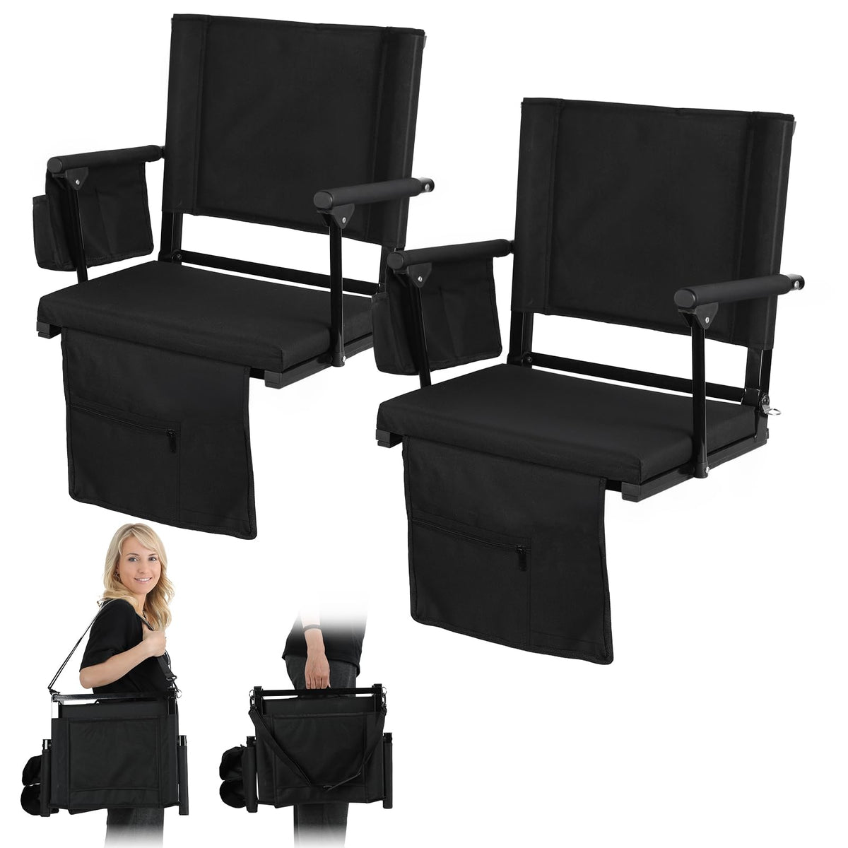 2 Pcs Folding Stadium Seat with Back Support & Cushion Black K383