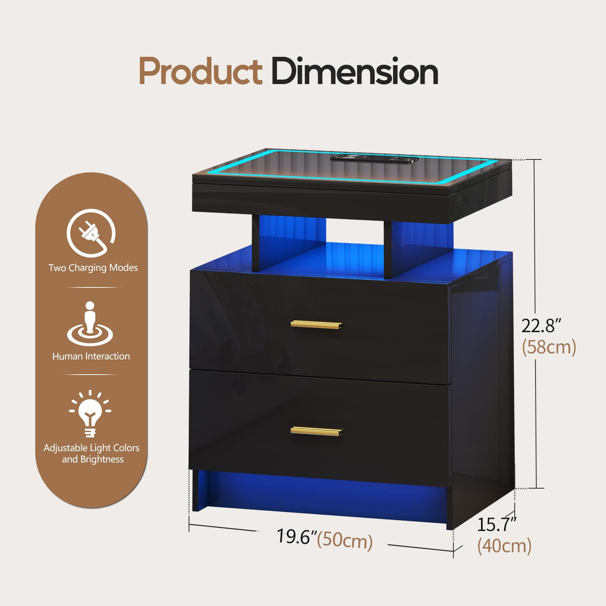 Black LED Nightstand with Wireless Charging Station S9880