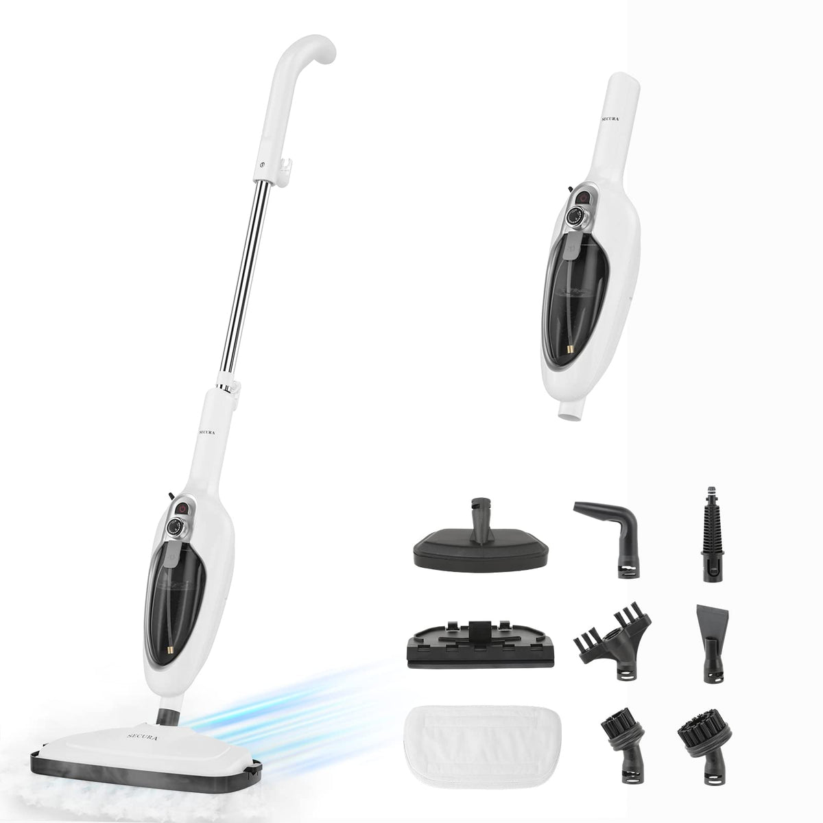 White 10-in-1 Detachable Steam Mop with 3 Microfiber Pads H7722