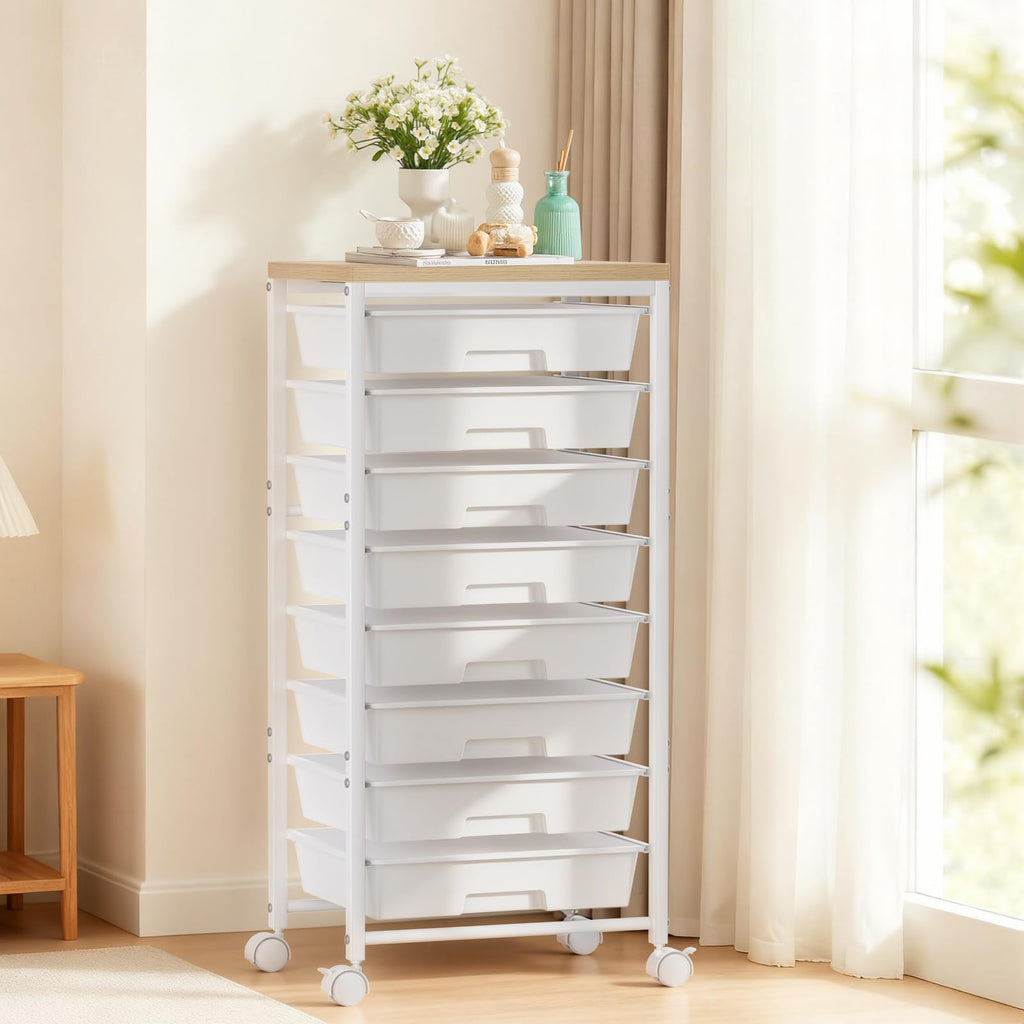 White 8 Drawer Rolling Storage Cart with Wooden Tabletop I54525