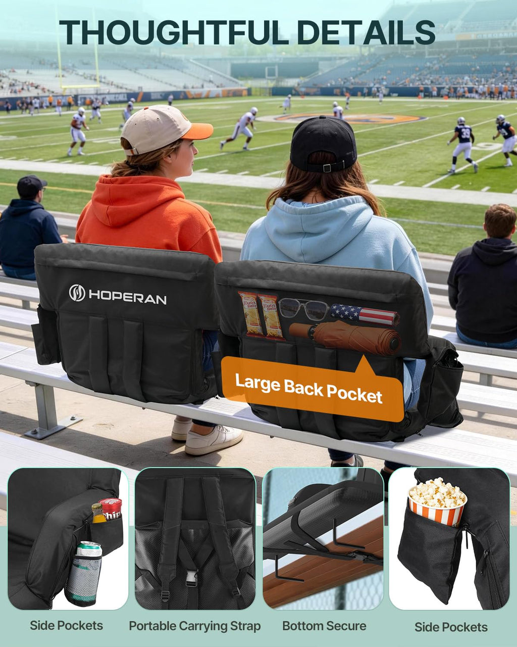 25" Heated Stadium Seats for Bleachers with Back Support, Black 2PC P3846