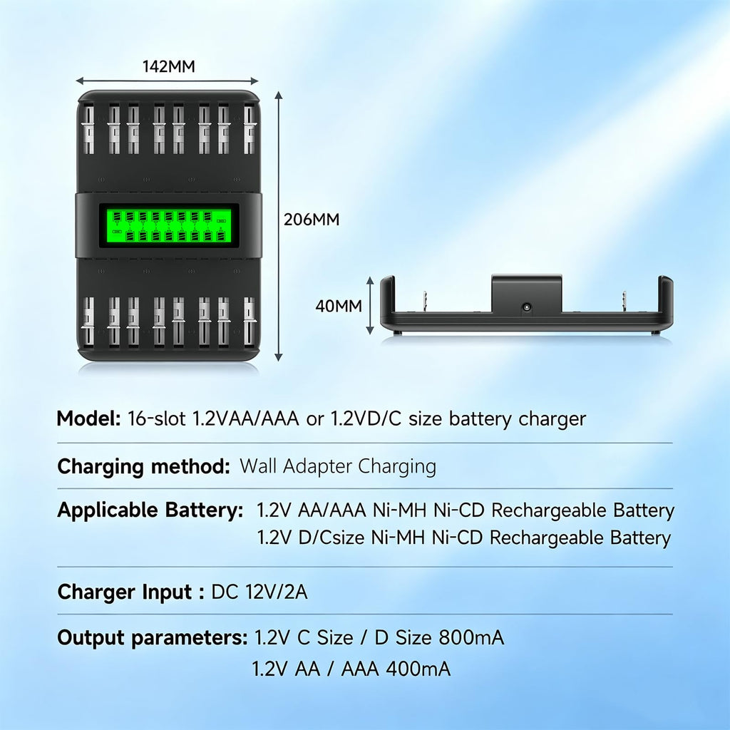 16 Pack AAA 1100mAh NiMH Batteries with 16 Bay LCD Battery Charger U52756