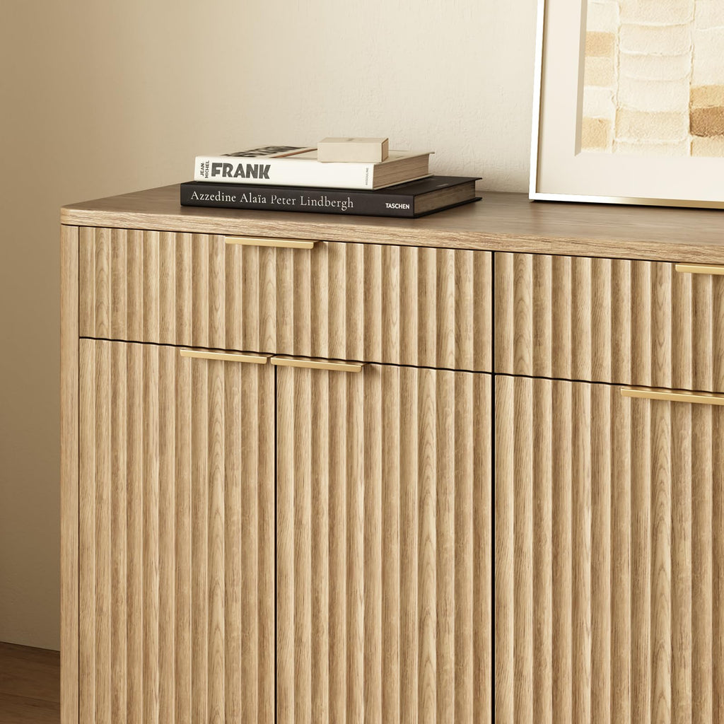 67" Fluted Oak Sideboard Buffet Cabinet with 3 Drawers T657221