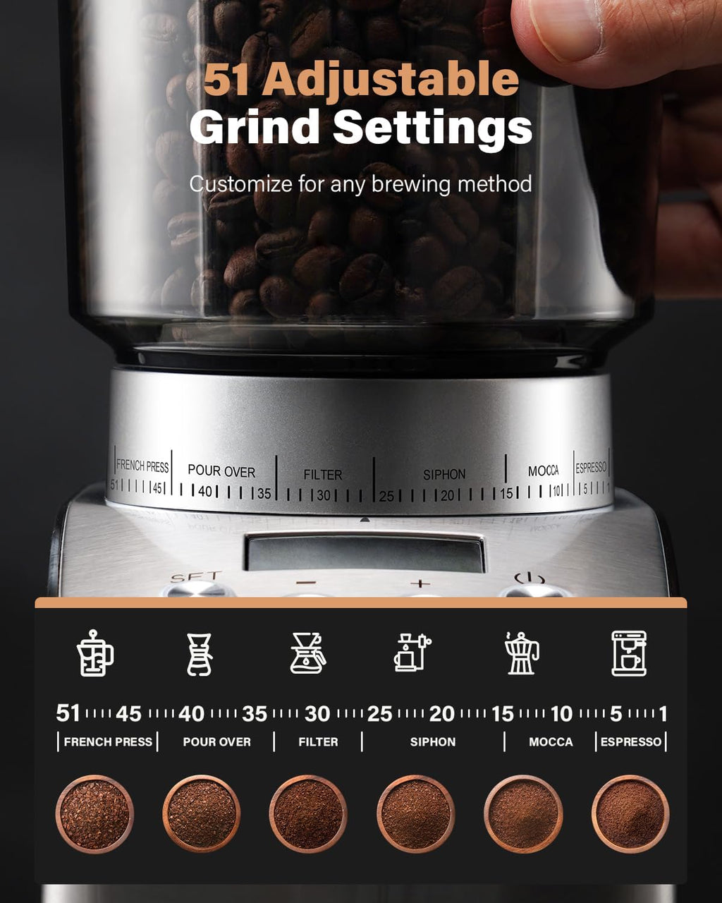 Electric Conical Burr Coffee Grinder with 51 Grind Settings C697665