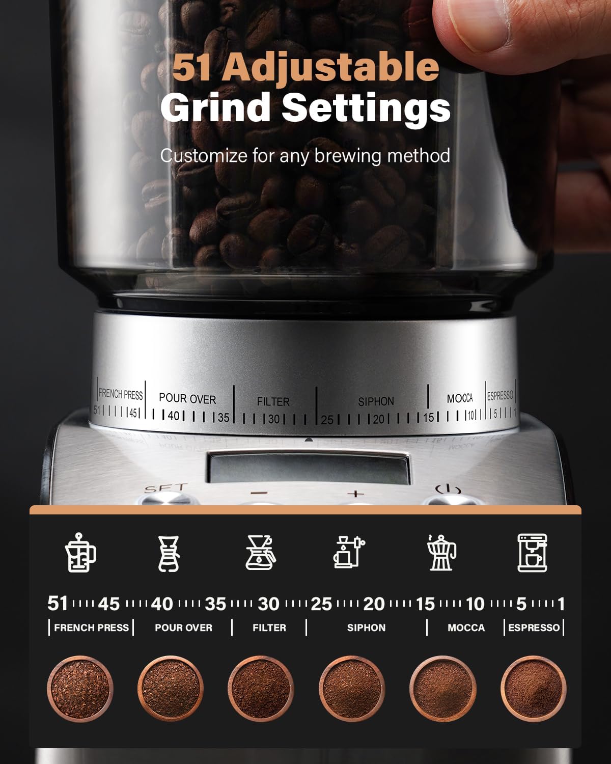Electric Conical Burr Coffee Grinder with 51 Grind Settings C697665