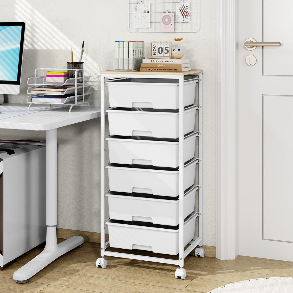 6 Drawer Rolling Storage Cart with Wooden Top and Wheels I3270