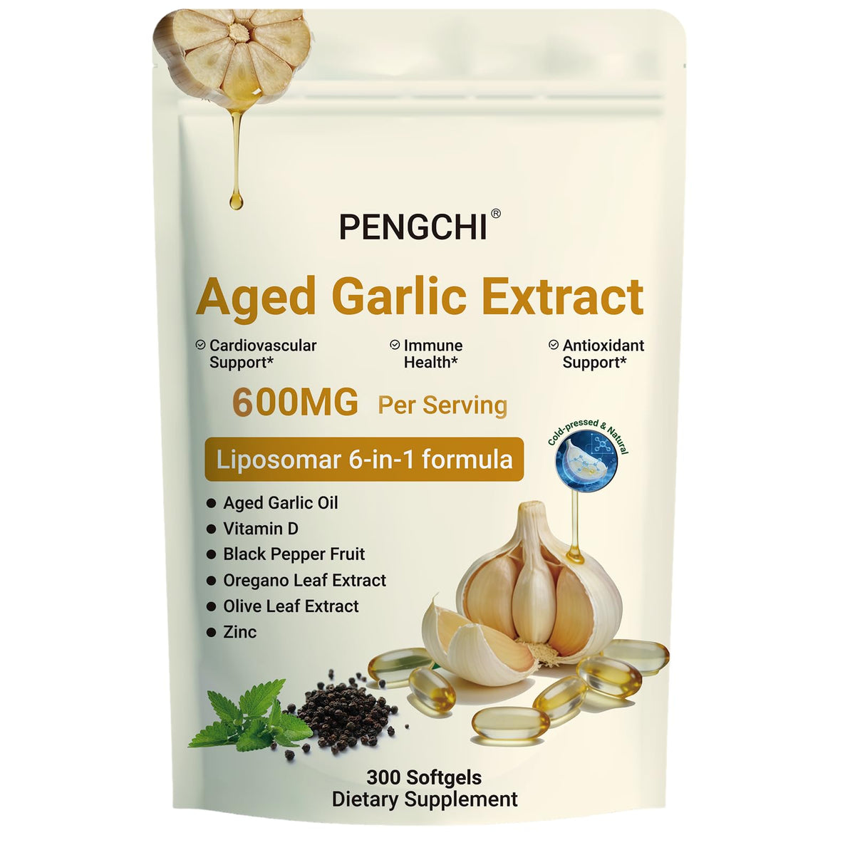 Aged Garlic Extract with Vitamin D Zinc Oregano Olive Leaf Black Pepper 300 Softgels Q314445