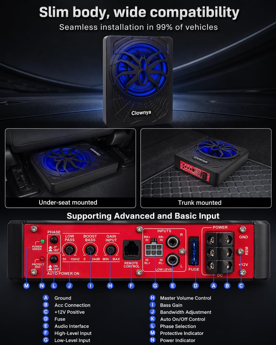1200W Slim Under-Seat Powered Car Subwoofer with Built-in Amp L2157