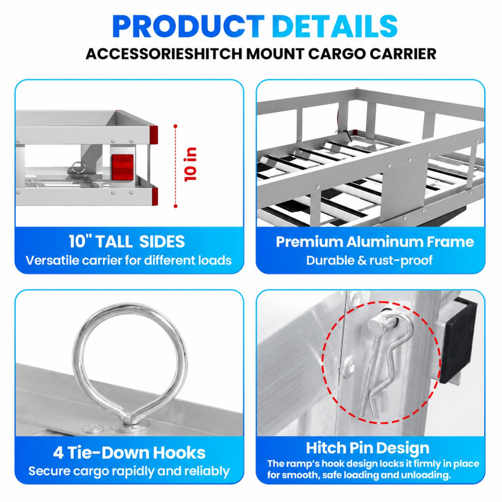 52"x31"x10" Aluminum Hitch Cargo Carrier with Ramp P332