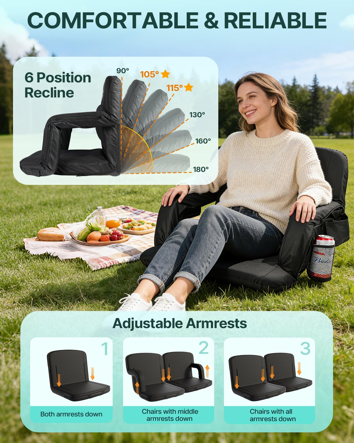 25" Heated Stadium Seats for Bleachers with Back Support, Black 2PC P3846