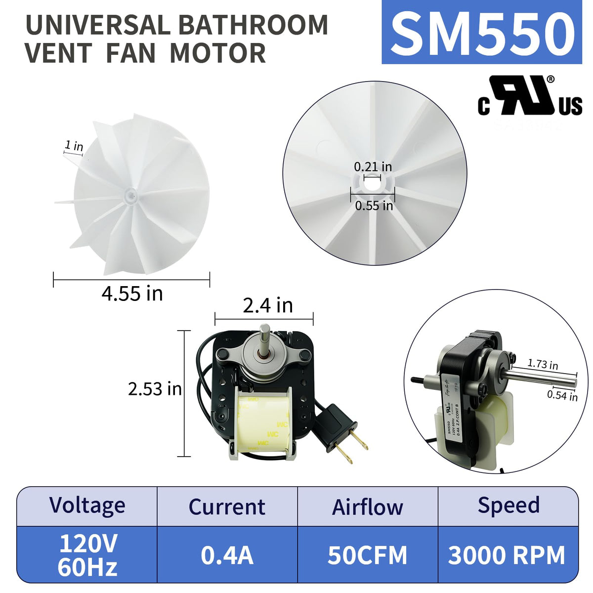 Universal Bathroom Vent Exhaust Fan Motor 50 CFM 120V 60Hz H476031