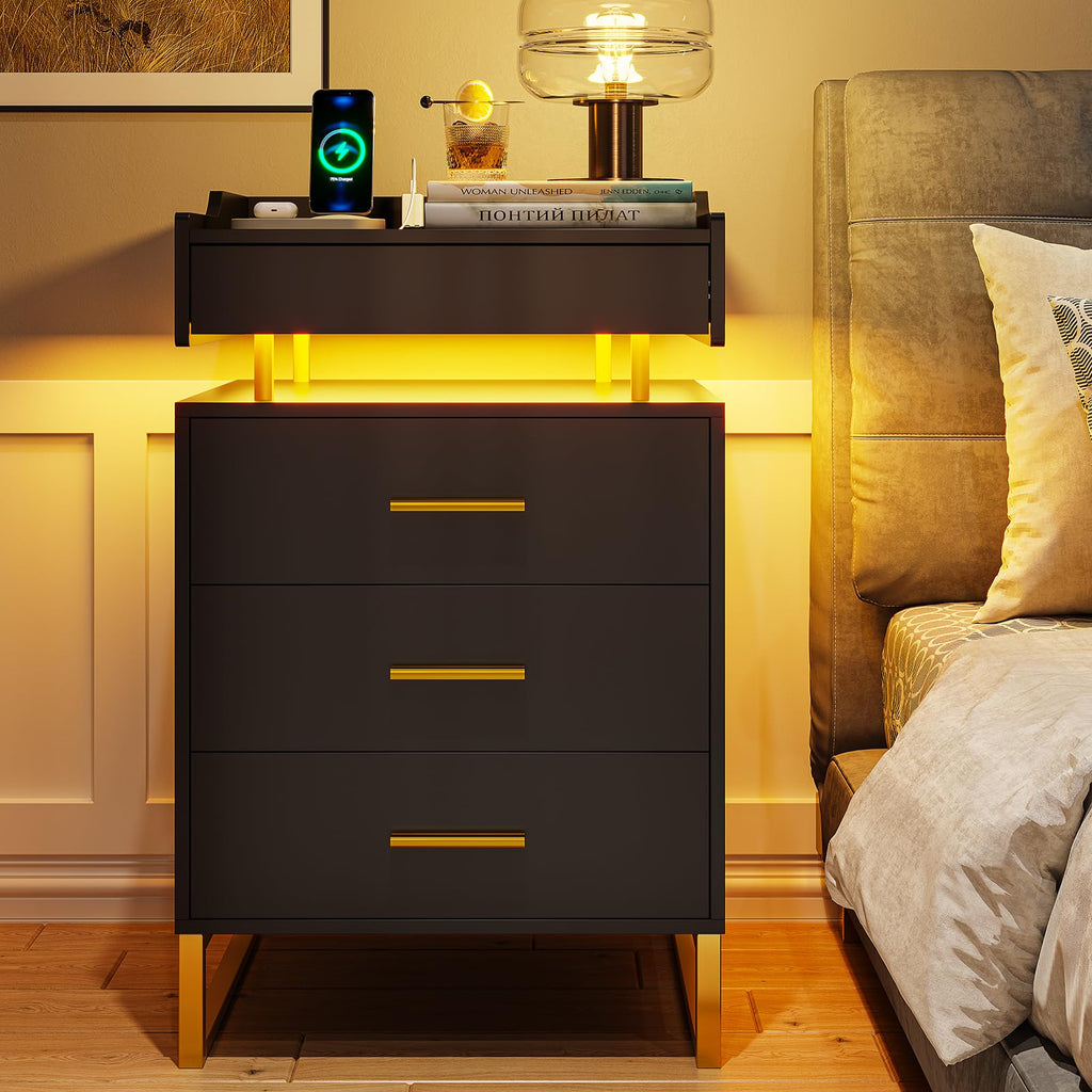 Black and Gold LED Nightstand with Charging Station H734