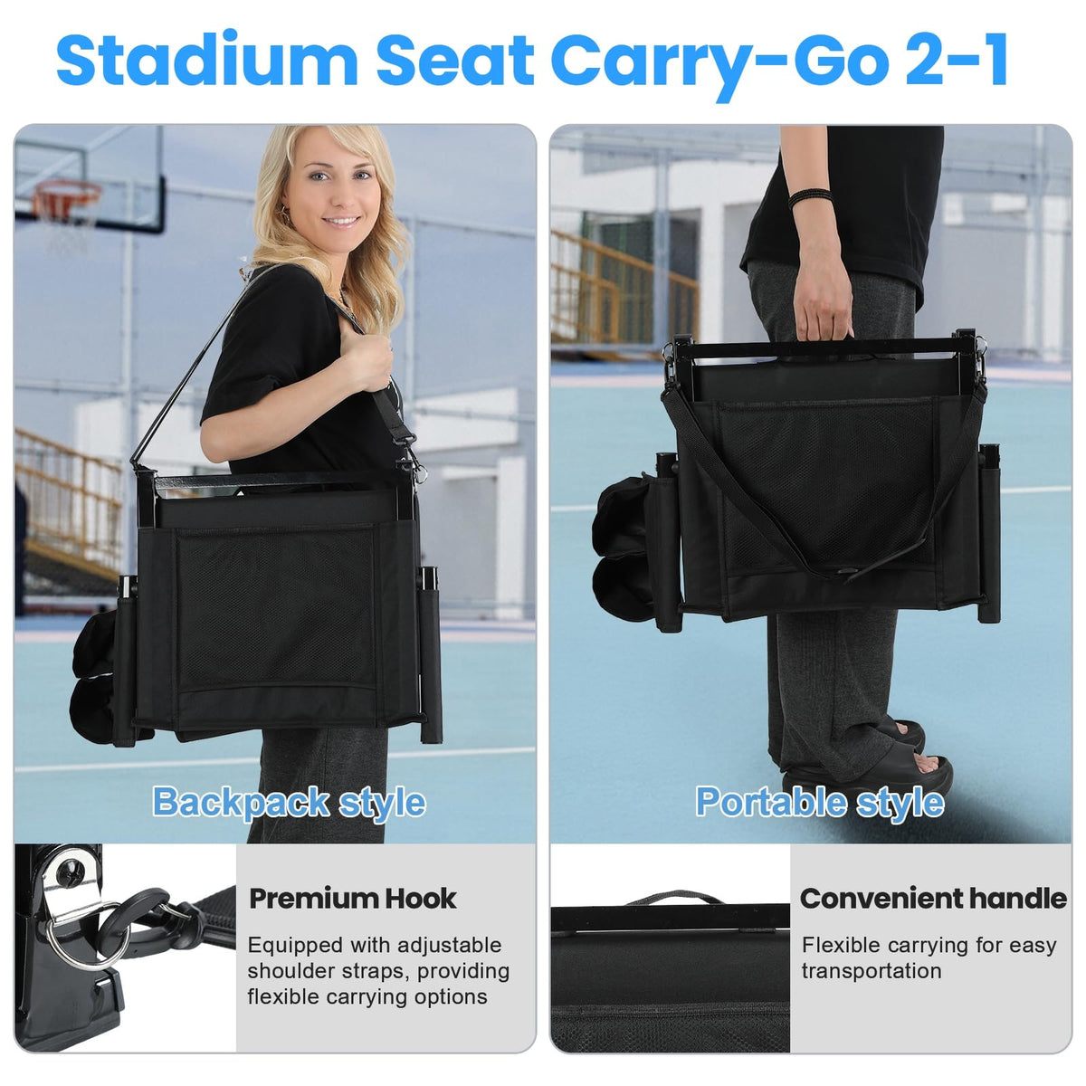 2 Pcs Folding Stadium Seat with Back Support & Cushion Black K383