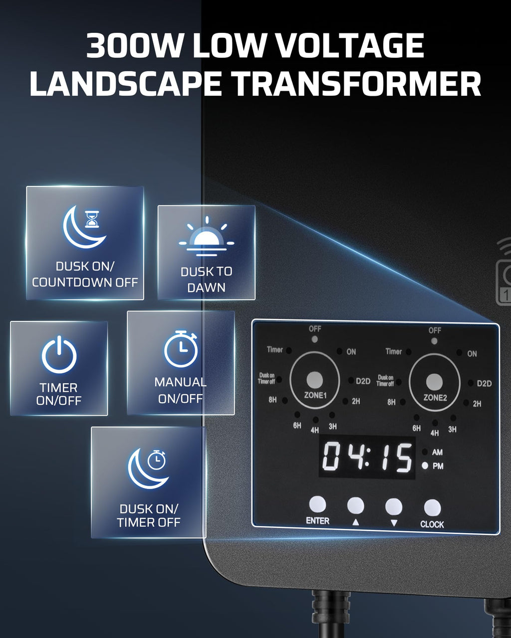 300W Low Voltage Transformer with Remote Photocell Sensor & Timer Y15833