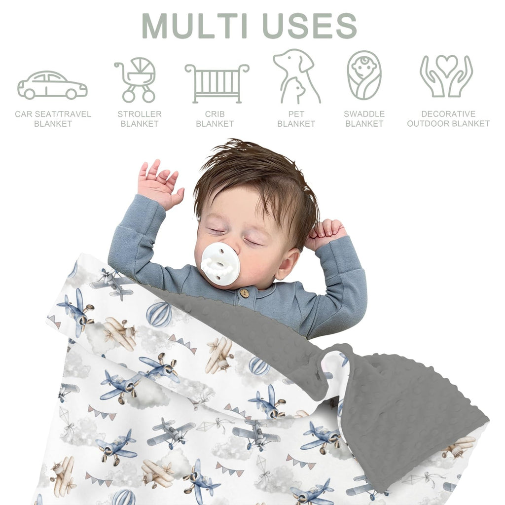 Vintage Planes Helicopters Hot Air Balloon Soft Mink Dotted Backing Double Layer Baby Blanket 30x40 R110845