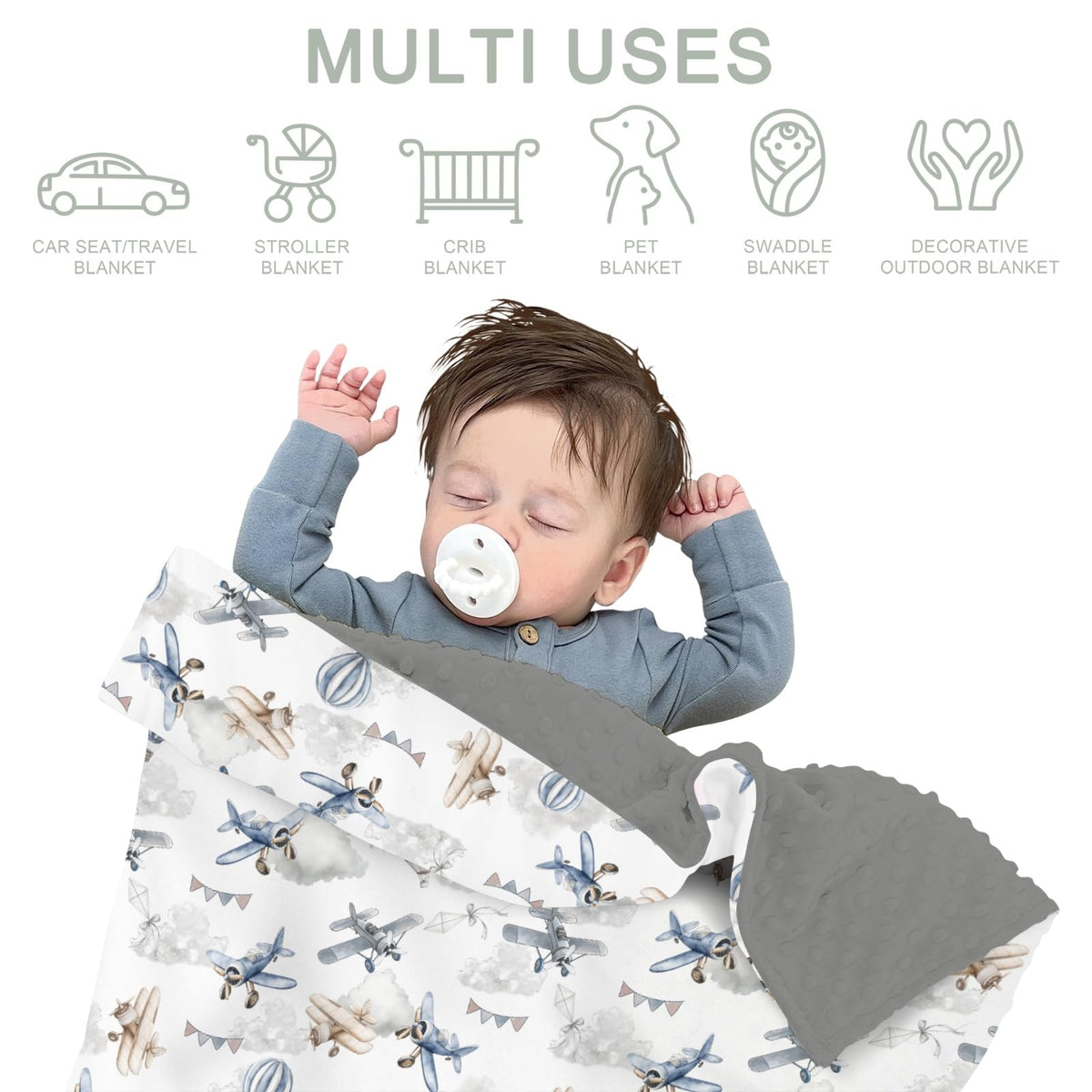 Vintage Planes Helicopters Hot Air Balloon Soft Mink Dotted Backing Double Layer Baby Blanket 30x40 R110845