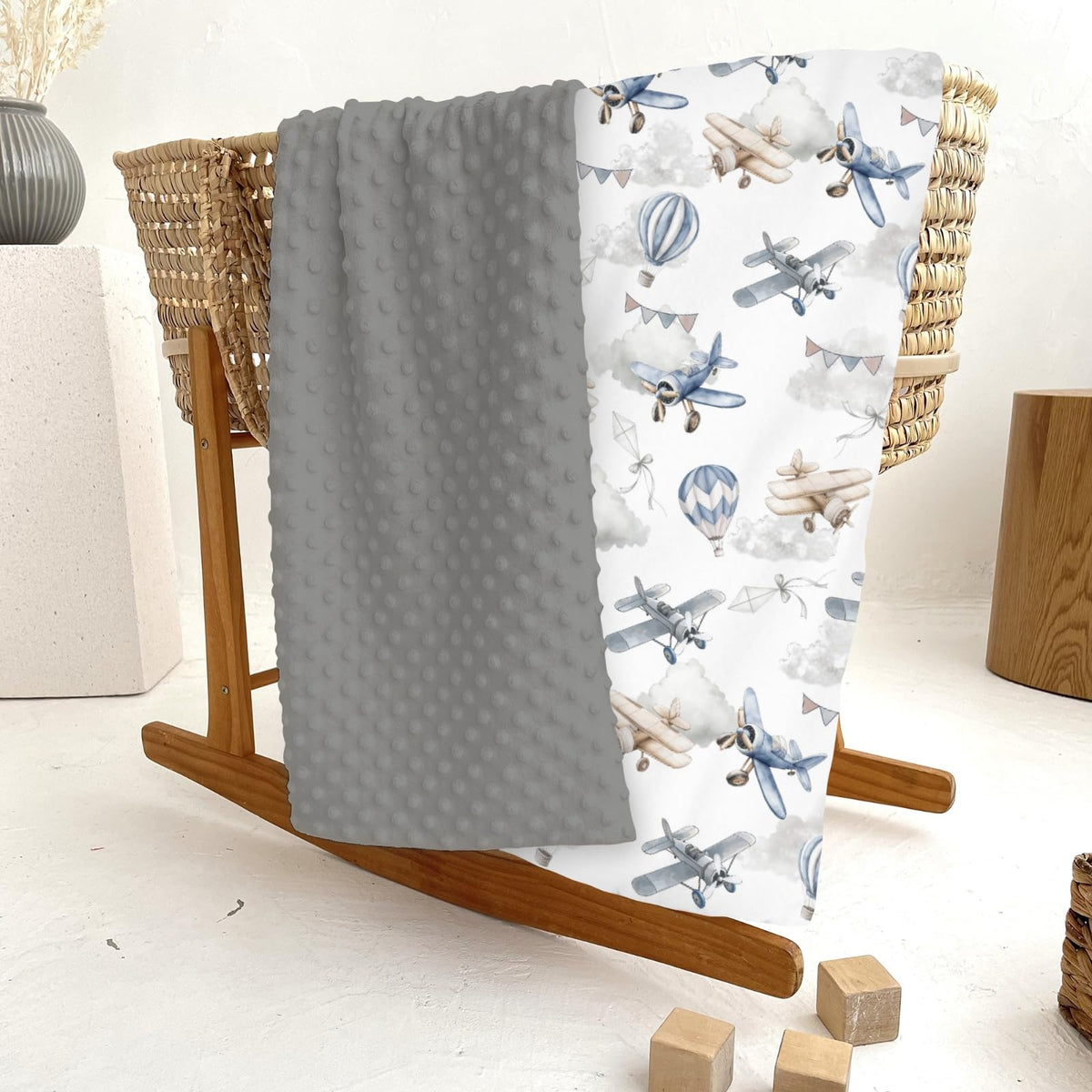 Vintage Planes Helicopters Hot Air Balloon Soft Mink Dotted Backing Double Layer Baby Blanket 30x40 R110845