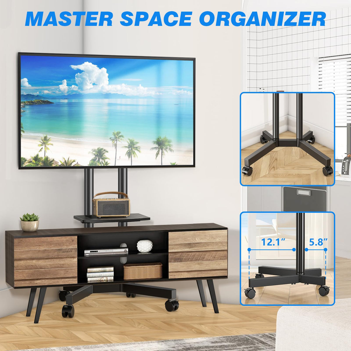 Rolling TV Stand with Laptop Shelf, Height Adjustable up to 88lbs P550