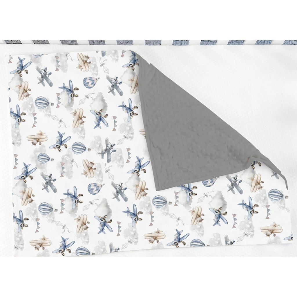 Vintage Planes Helicopters Hot Air Balloon Soft Mink Dotted Backing Double Layer Baby Blanket 30x40 R110845