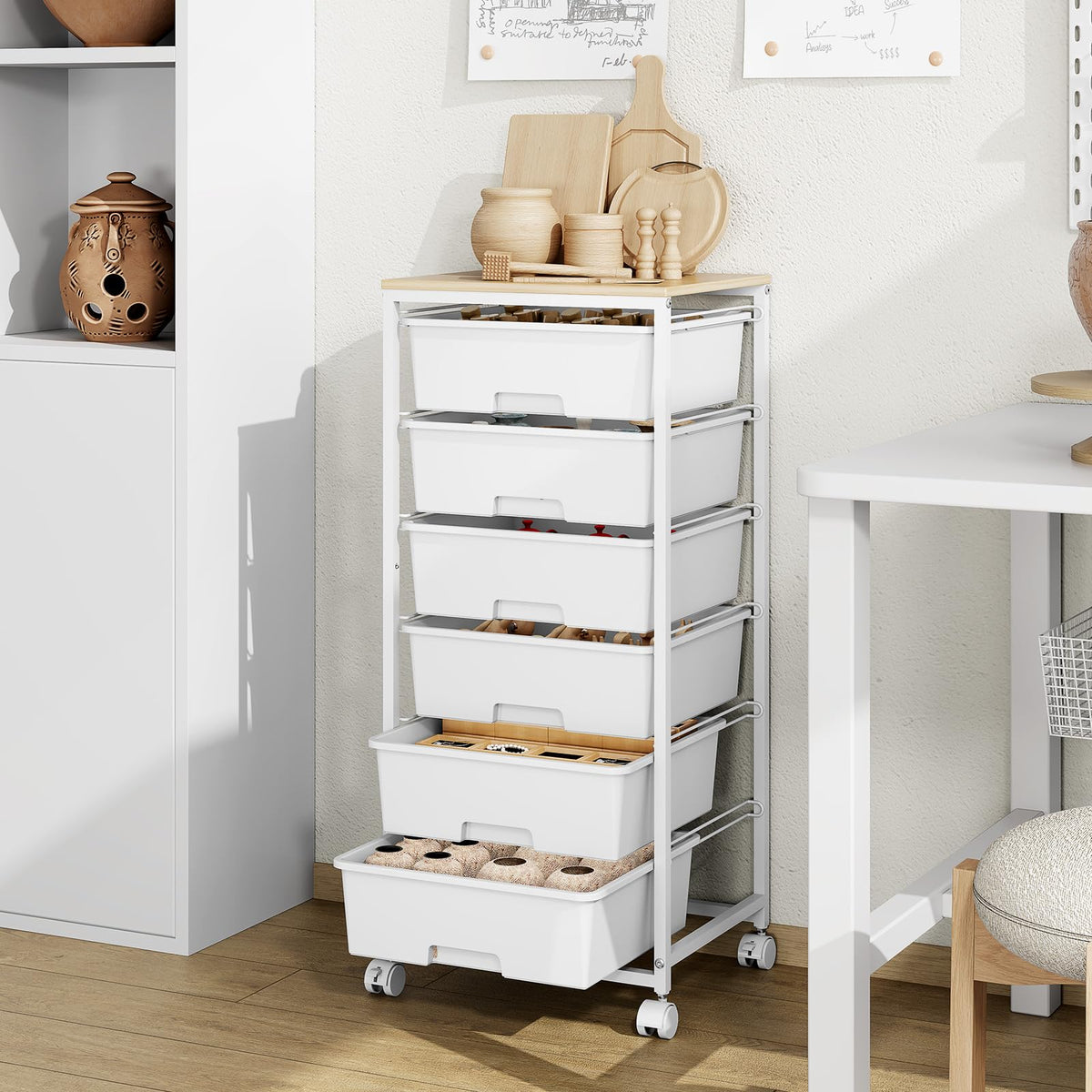 6 Drawer Rolling Storage Cart with Wooden Top and Wheels I3270