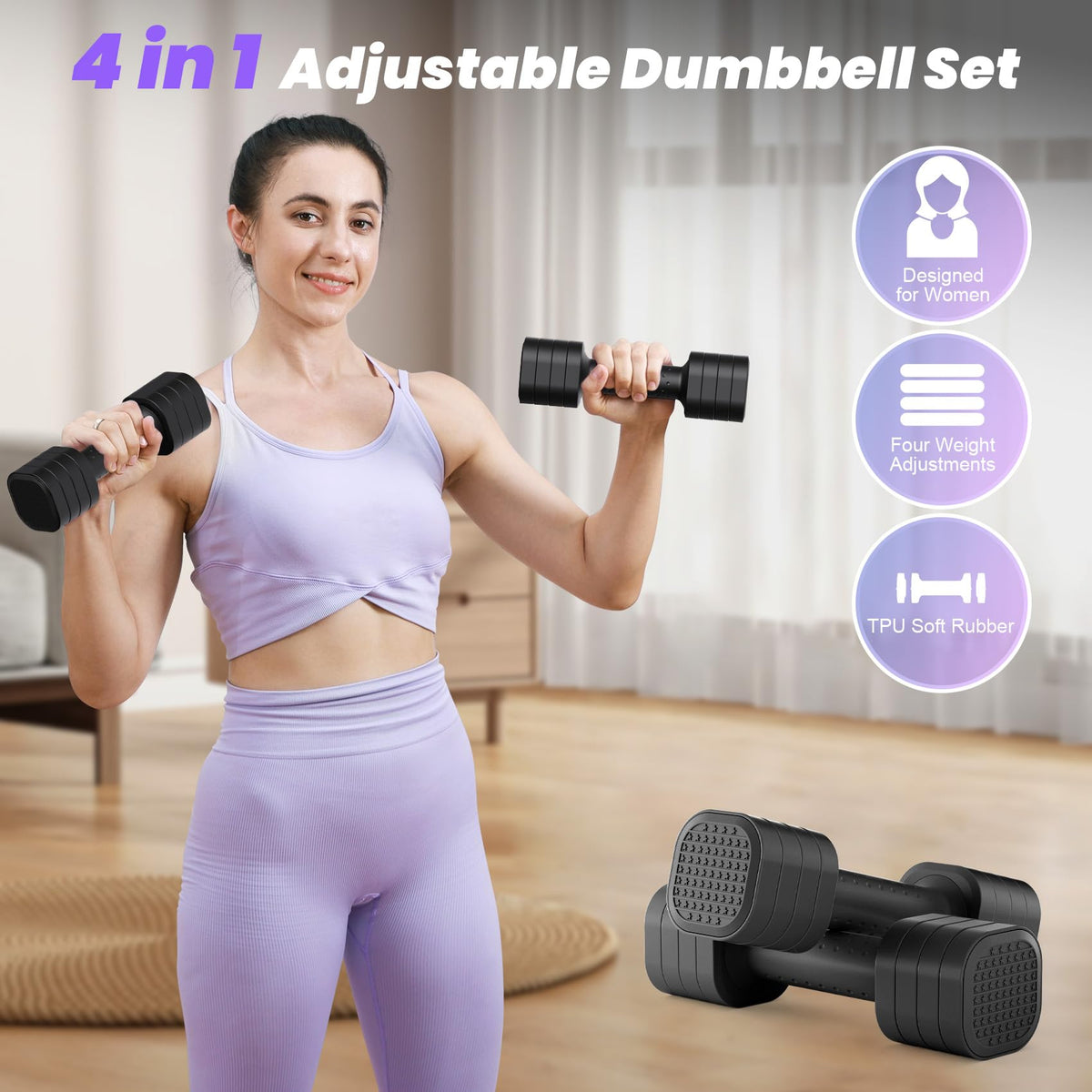 Adjustable 4 in 1 Dumbbell Set with TPU Soft Rubber Handle W465