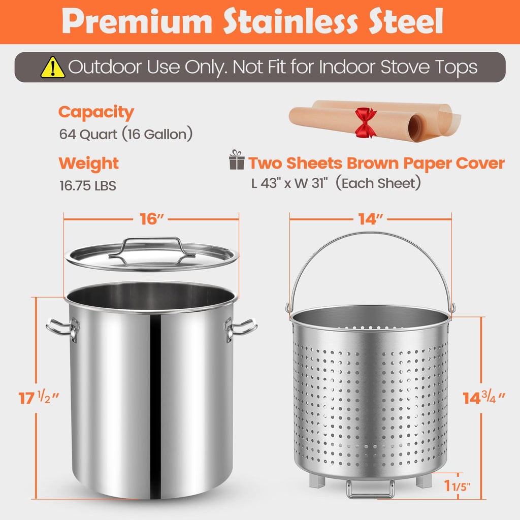 64 QT Stainless Steel Seafood Boil Pot with Basket F7842