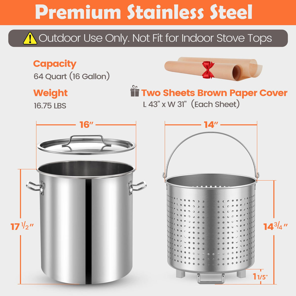 64 QT Stainless Steel Seafood Boil Pot with Basket F7842