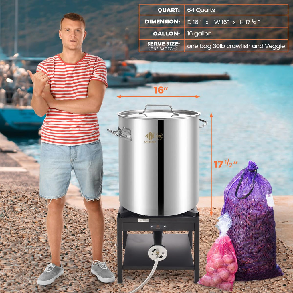 64 QT Stainless Steel Seafood Boil Pot with Basket F7842