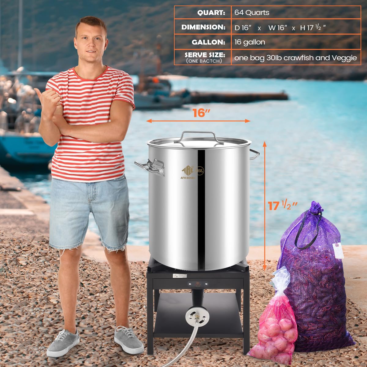 64 QT Stainless Steel Seafood Boil Pot with Basket F7842