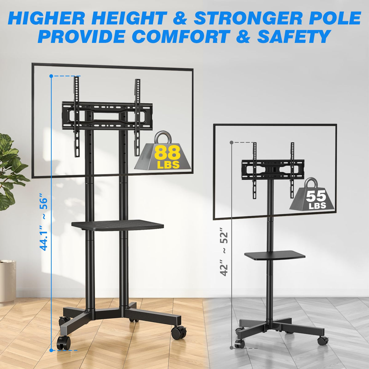 Rolling TV Stand with Laptop Shelf, Height Adjustable up to 88lbs P550