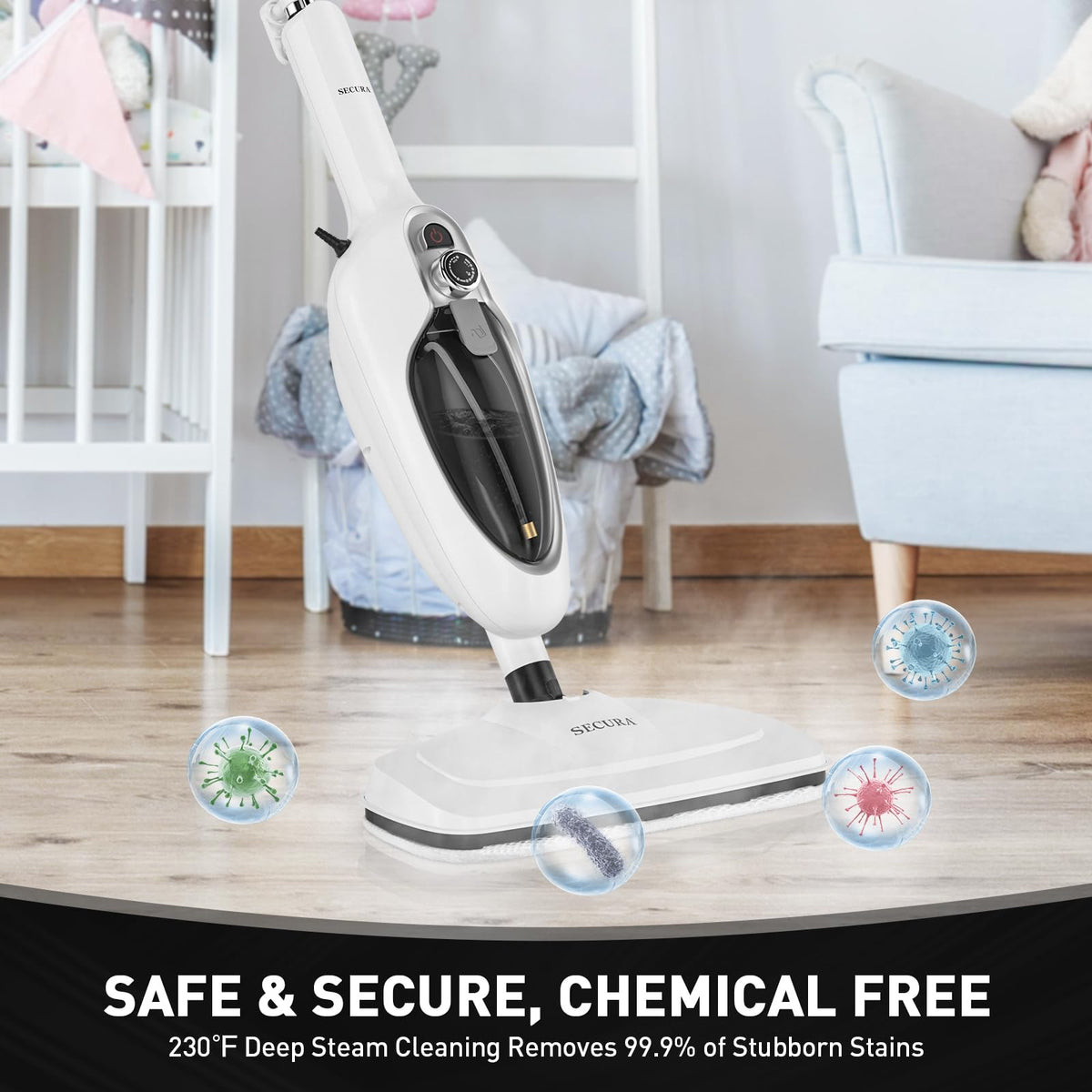 White 10-in-1 Detachable Steam Mop with 3 Microfiber Pads H7722