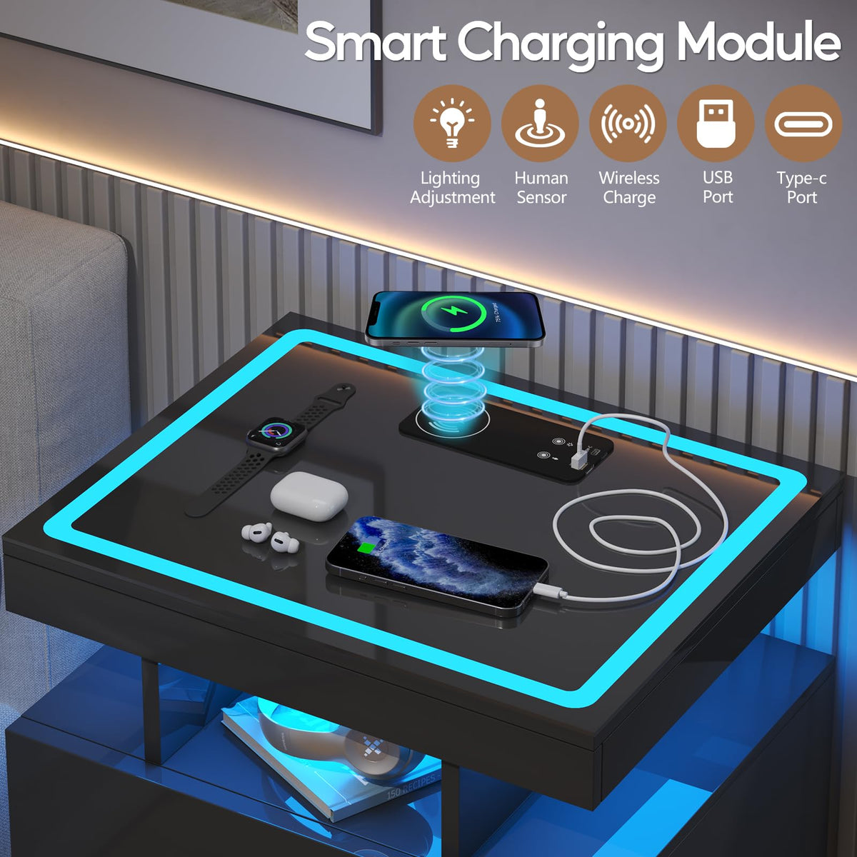 Black LED Nightstand with Wireless Charging Station S9880