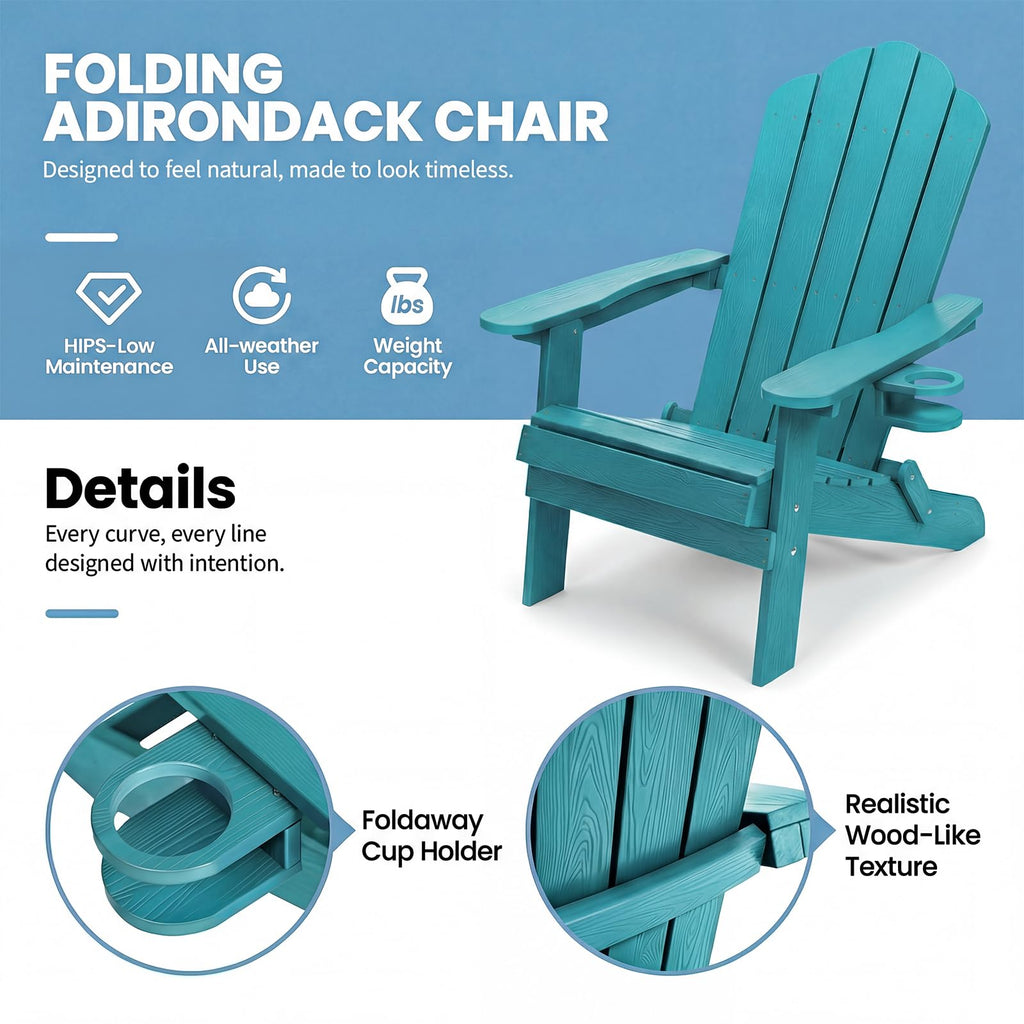 Folding Adirondack Chairs Set of 4 All-Weather Outdoor Chair with Cup Holder I251