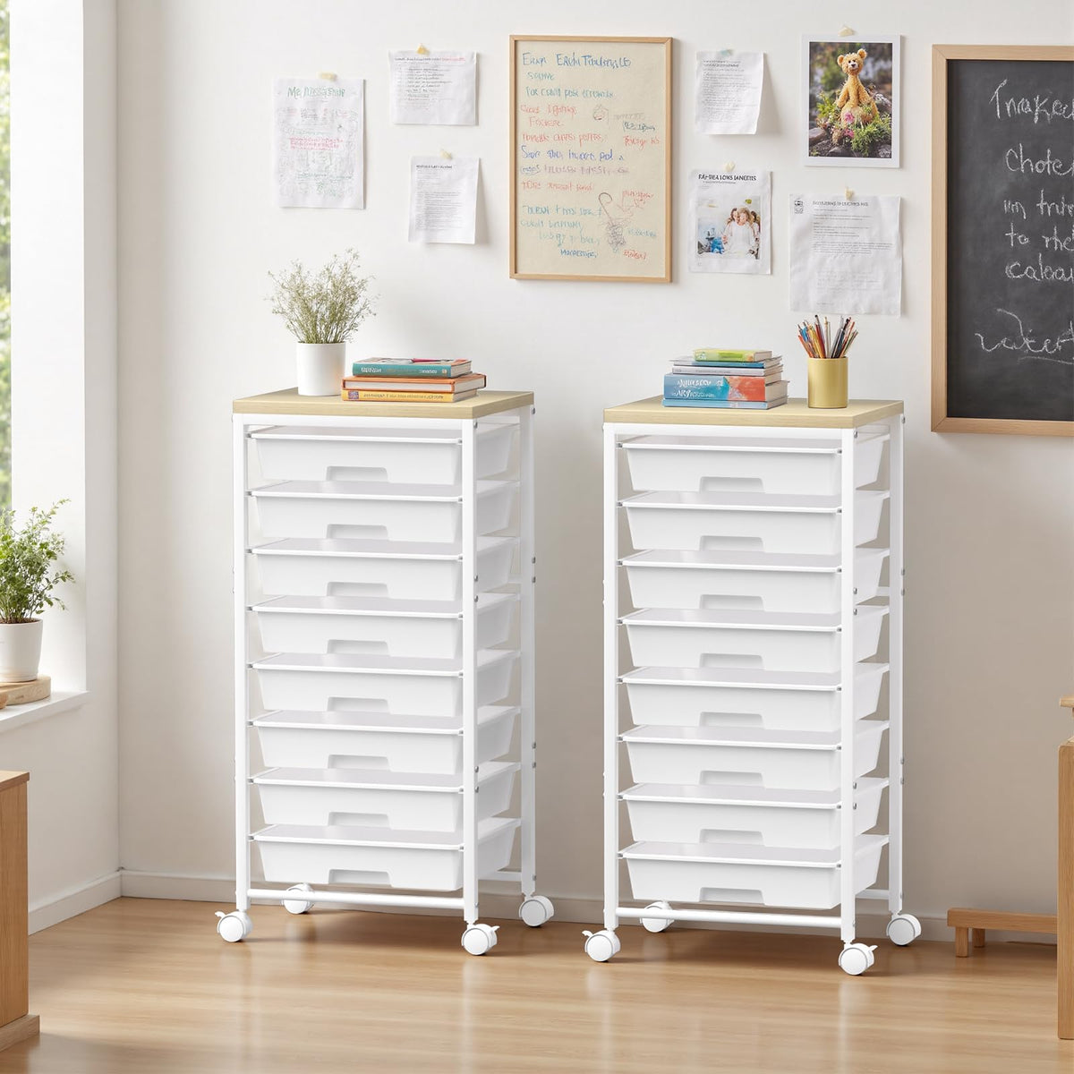 White 8 Drawer Rolling Storage Cart with Wooden Tabletop I54525