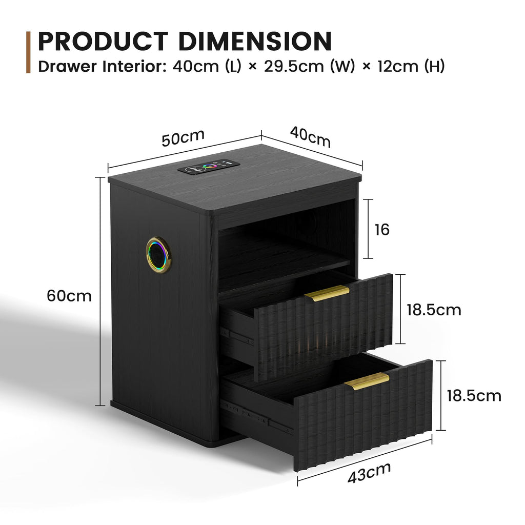 Black Smart Nightstand with Bluetooth Speaker, LED Lights, Wireless Charging, 2 Drawers & Open Shelf X4513