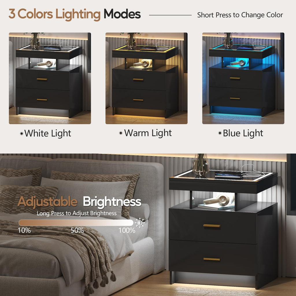 Black LED Nightstand with Wireless Charging Station S9880