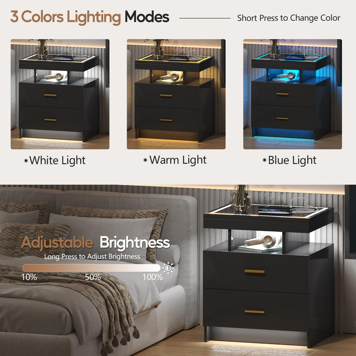 Black LED Nightstand with Wireless Charging Station S9880
