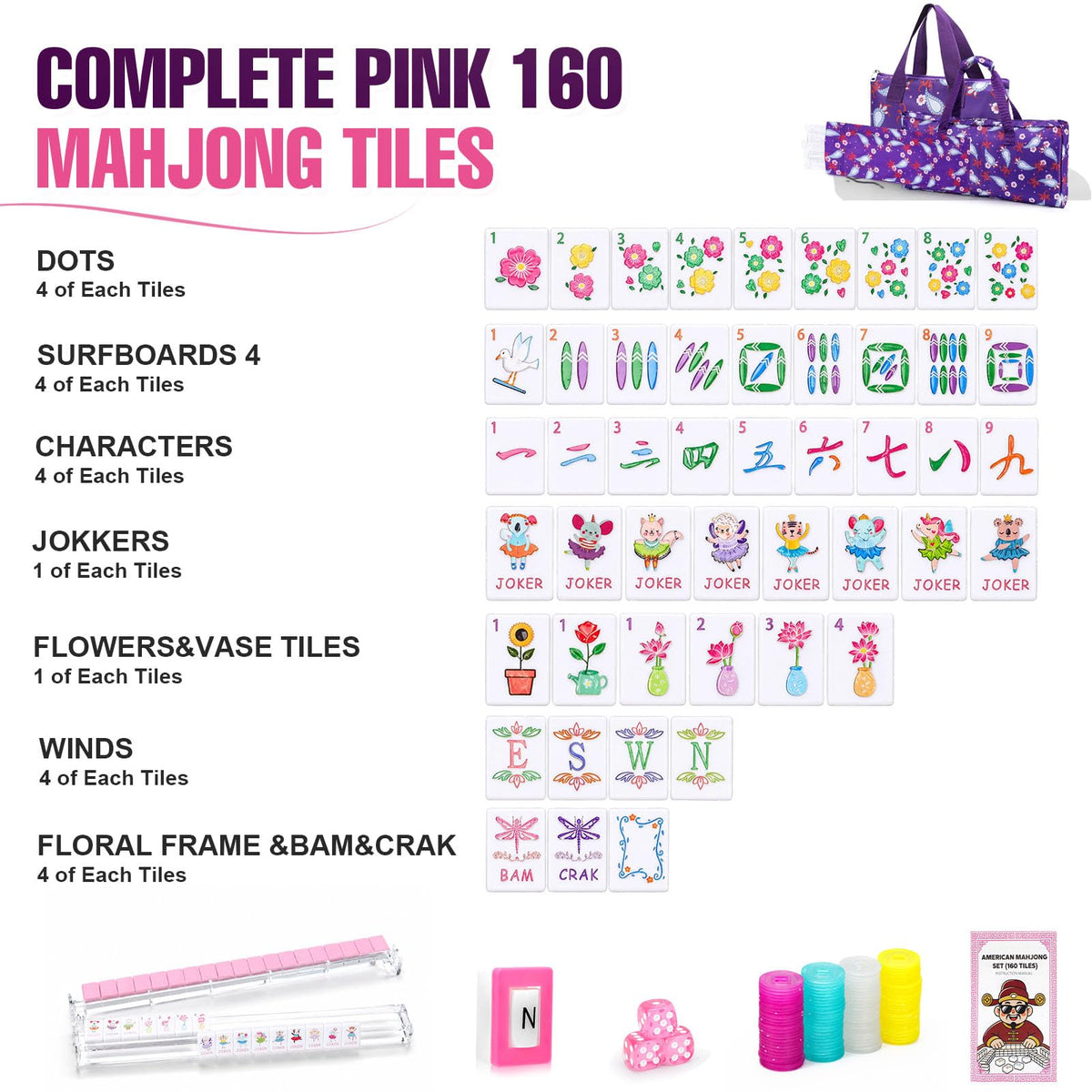 160 Mahjong Tiles with Non-Slip Mat and 4 Racks Mahjong Set V981