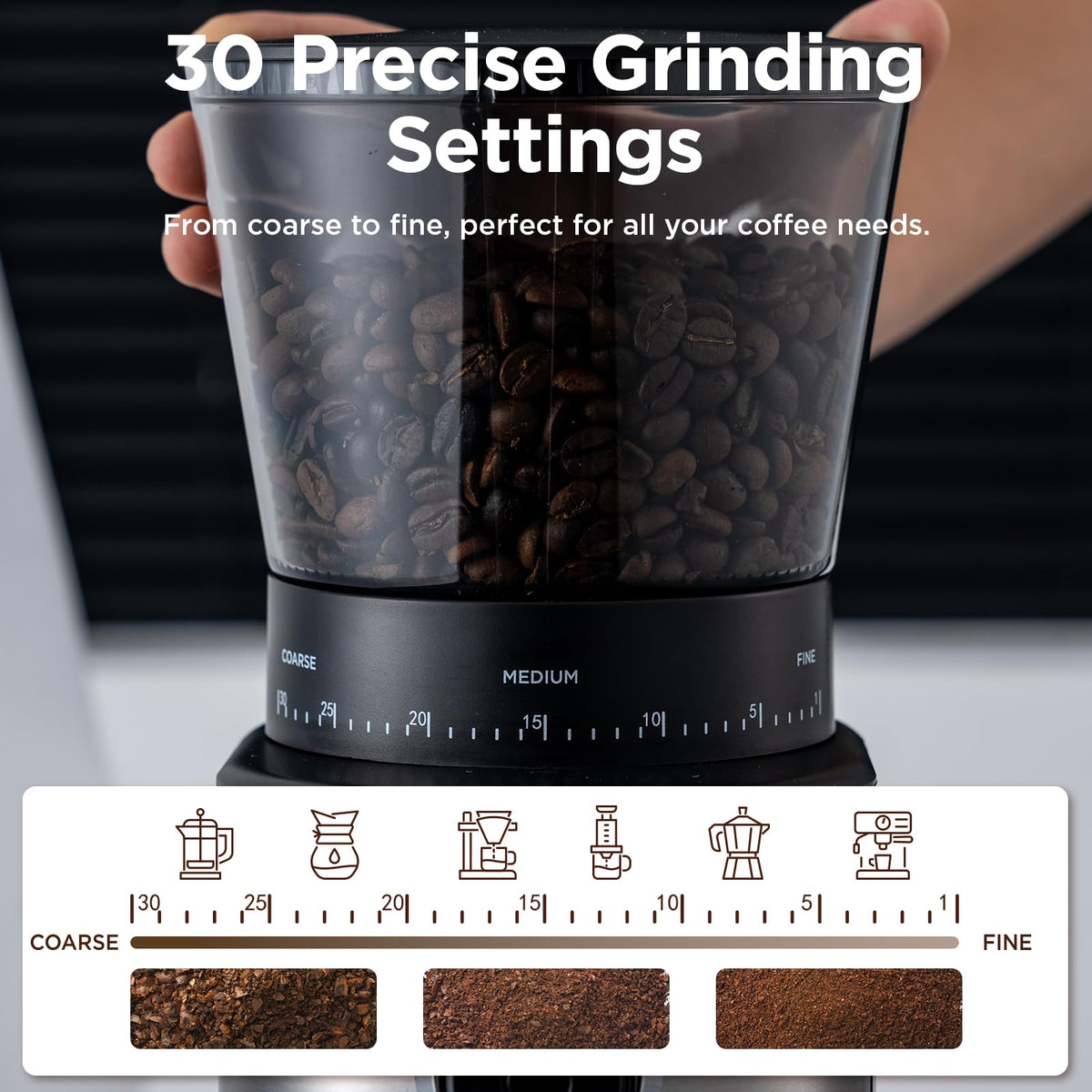 Electric Conical Burr Coffee Grinder with 30 Adjustable Grind Settings D4048