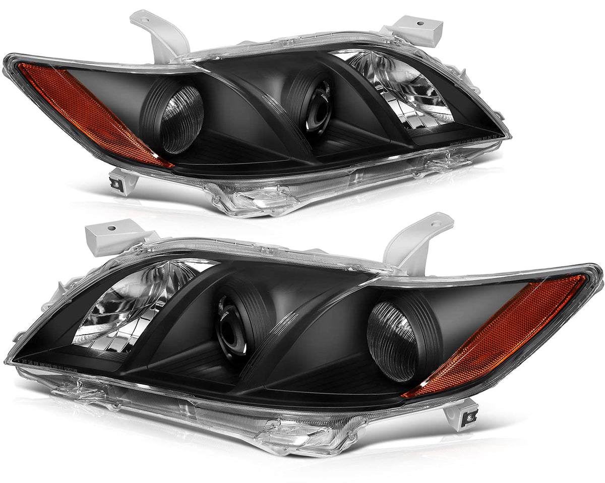 Black Housing Amber Reflector Clear Lens Headlights Assembly Pair F16375